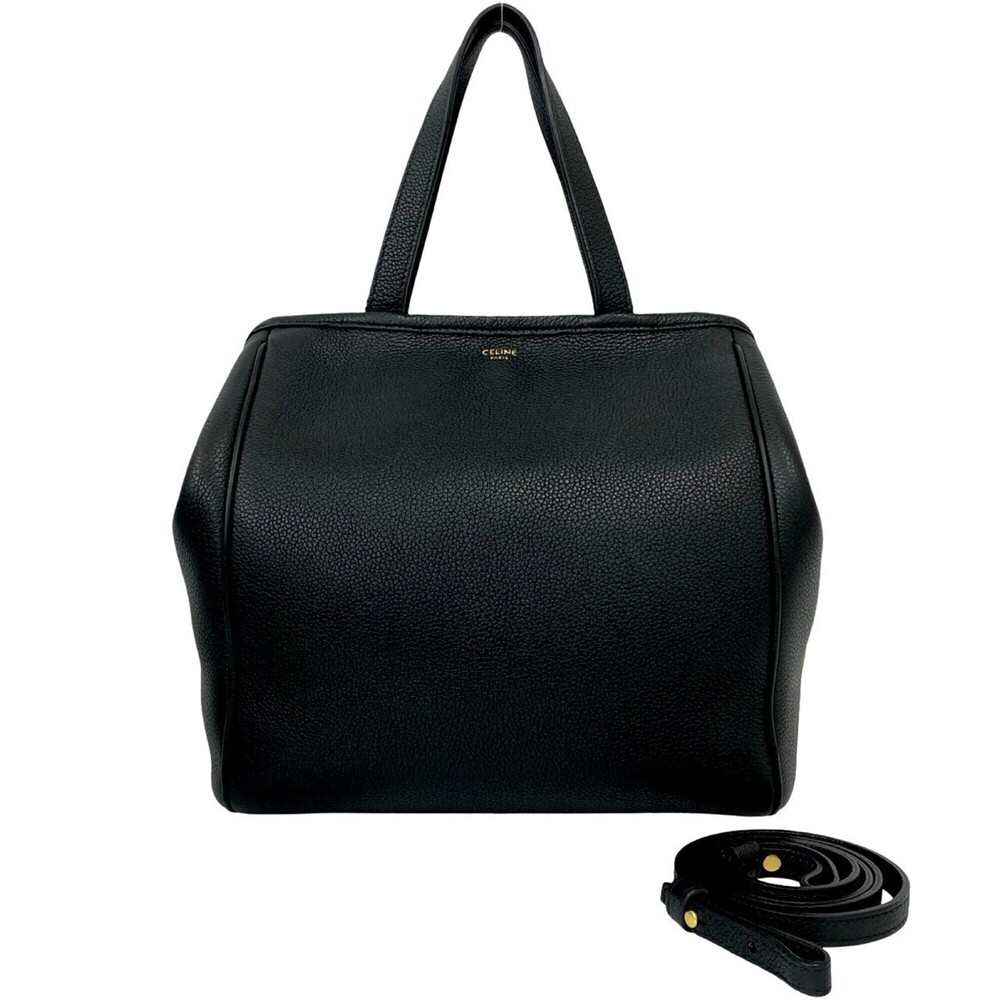 CELINE Small Fold Cabas Logo Leather 2-way Shoulder Bag Tote Handbag Black 22793